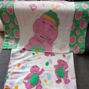 Vintage 1992 Barney Pillowcase & Twin Size Flat Sheet & Fitted Sheet!